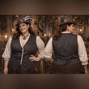 Grey and white Pinstripe Vest - eyelet trim - button front, lined